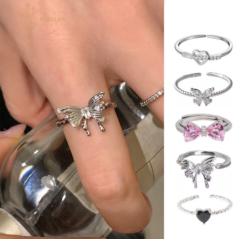 Roselife Elegant ปรับเงินหัวใจผีเสื้อแหวนผู้หญิงสวมใส่ทุกวันเปิดแหวนแฟชั่น Finger Cuff เครื่องประดับอุปกรณ์เสริม