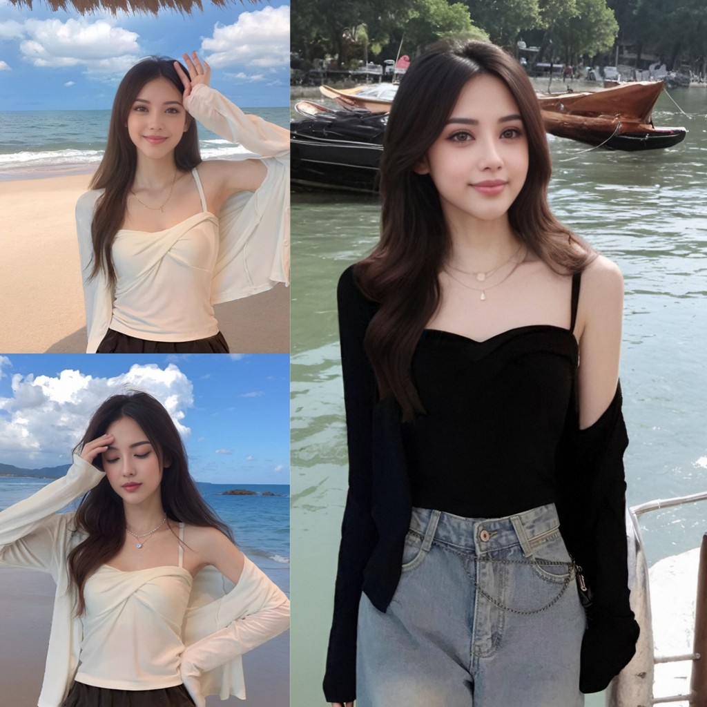 ใหม่ เสื้อครอป 2 ชิ้น พร้อมส่ง เสื้อสายเดี่ยวและคลุมแขนยาว สีสันสดใสสำหรับแฟชั่น