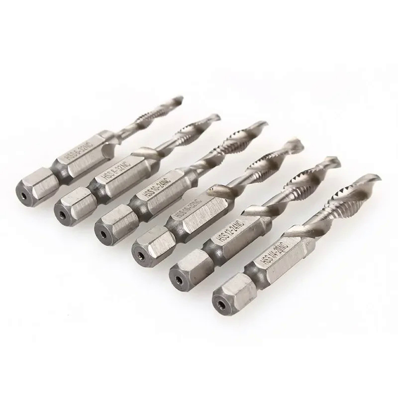 6pcs/set 6-32 8-32 10-24 10-32 12-24 1/4-20 Drill Tap Combination Bit Set Deburr Countersink Hex Bit