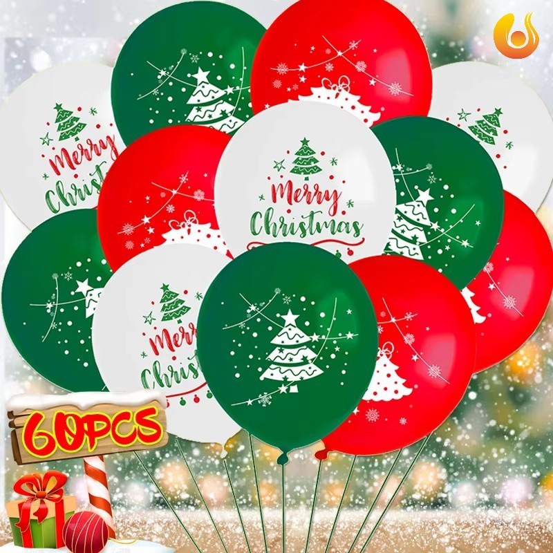 60 ชิ้นลูกโป่งยางคริสต์มาส Merry Xmas Tree สีเขียวบอลลูนสีแดง - เด็กของขวัญปีใหม่ 2025 ลูกโป่งปาร์ตี้หน้าแรกตกแต่ง