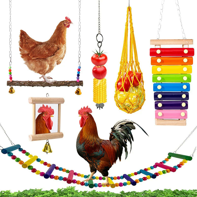 6Pcs Chicken Toys Set Chewing Foraging Toys Parrot Playing Training Toys with Wooden Swing Fruit Veg