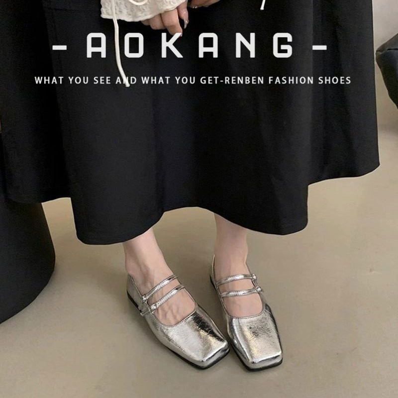 Aokang รองเท้า Mary Jane สีเงินเหลี่ยมผู้หญิง