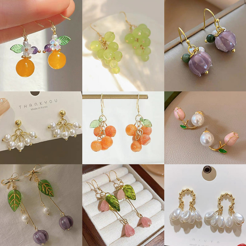 Summer s925 Silver ทิวลิปผลไม้สีส้มหวาน ต่างหูสตั๊ดดอกไม้มุก