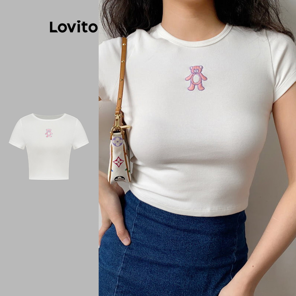 Lovito เสื้อยืดปักธรรมดาสำหรับผู้หญิง L98AD043
