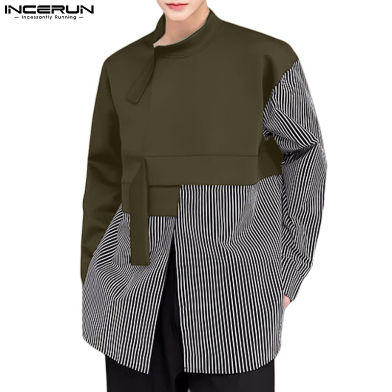 Incerun ผู้ชายเกาหลีไม่สมมาตรคอไม่สม่ําเสมอลาย Patchwork เสื้อฮู้ดแขนยาว