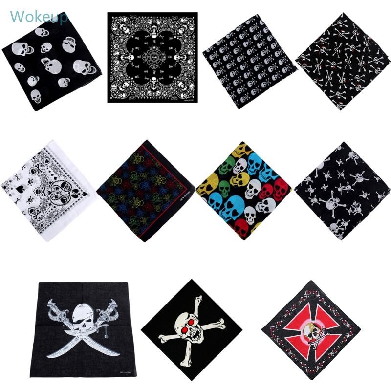 Wake Unisex Gothic ผ้าฝ้าย Hip Hop ผ้าพันคอ Headwear Skull Skeleton พิมพ์ผมสําหรับหัว Sqaure ผ้าพันคอคอห่อข้อมือ