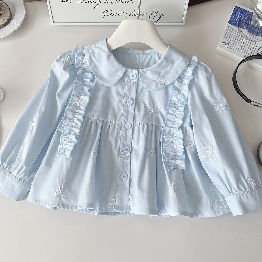 ฤดูใบไม้ร่วงหวานเด็กสาวกุทัณฑ์เย็บปักถักร้อยลูกไม้ปกเสื้อแขนยาว