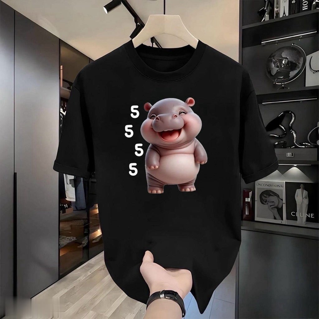 (จัดส่งตลอด 24 ชั่วโมง)Fanfei หมูเด้ง เสื้อยืดคอกลมสีขาว Cute Hippo cotton100% แขนสั้นยอดนิยม T-shirt