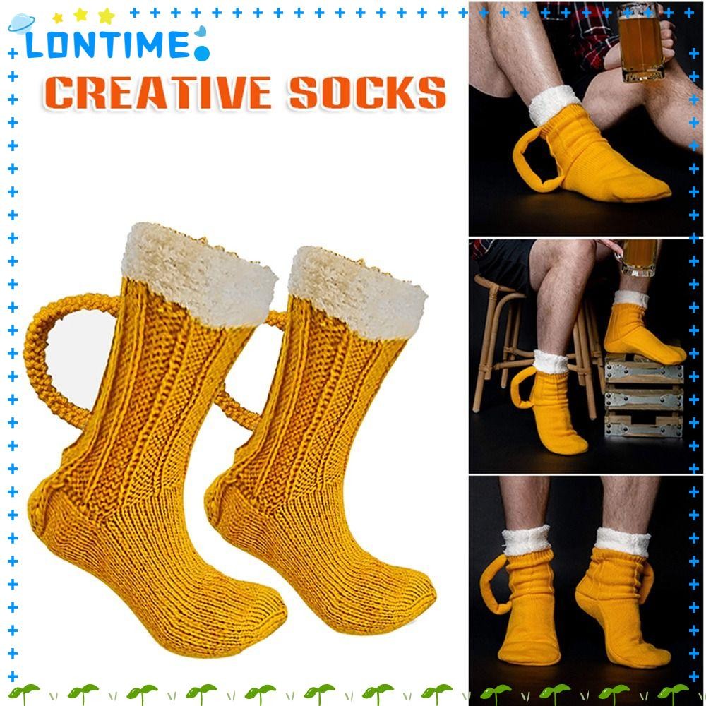 Lontime 1 คู่แก้วเบียร์ถุงเท้า, Warm หนาตลกแปลกใหม่สีเหลืองถักถุงเท้ากลางหลอด, น่ารักฤดูหนาวคริสต์มาสของขวัญถุงเท้าชั้นผู้ชายผู้หญิง