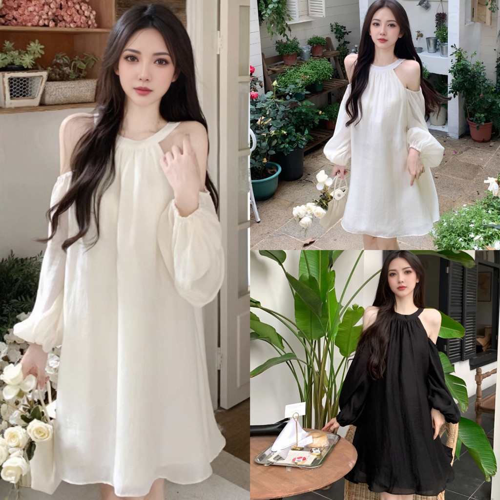 พร้อมส่ง เดรสแขนยาวปาดไหล่สีพื้น สไตล์เกาหลีสุดฮิต ดีไซน์สวย