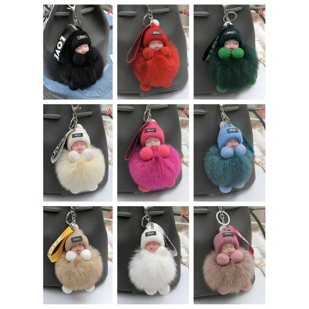 พวงกุญแจ Sleeping Baby Keychain พวงกุญแจ ตุ๊กตาปอมปอม น้องตาโต ขนฟู นุ่ม น่ารัก สำหรับเด็ก ห้อยกระเป๋า กุญแจรถ