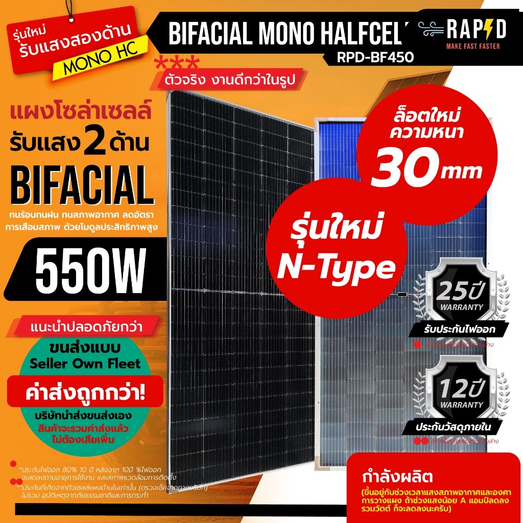 (รวมค่าส่งแล้ว) N-type 600W Bifacial รับแสง2ด้าน แผงโซล่าเซลล์ Mono half cell แผงโมโน 600 วัตต์