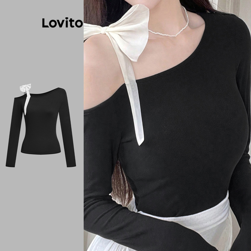 Lovito เสื้อยืดธรรมดาน่ารักหน้า สีบล็อกเสื้อยืดไม่สมมาตรสำหรับผู้หญิง L106AD951