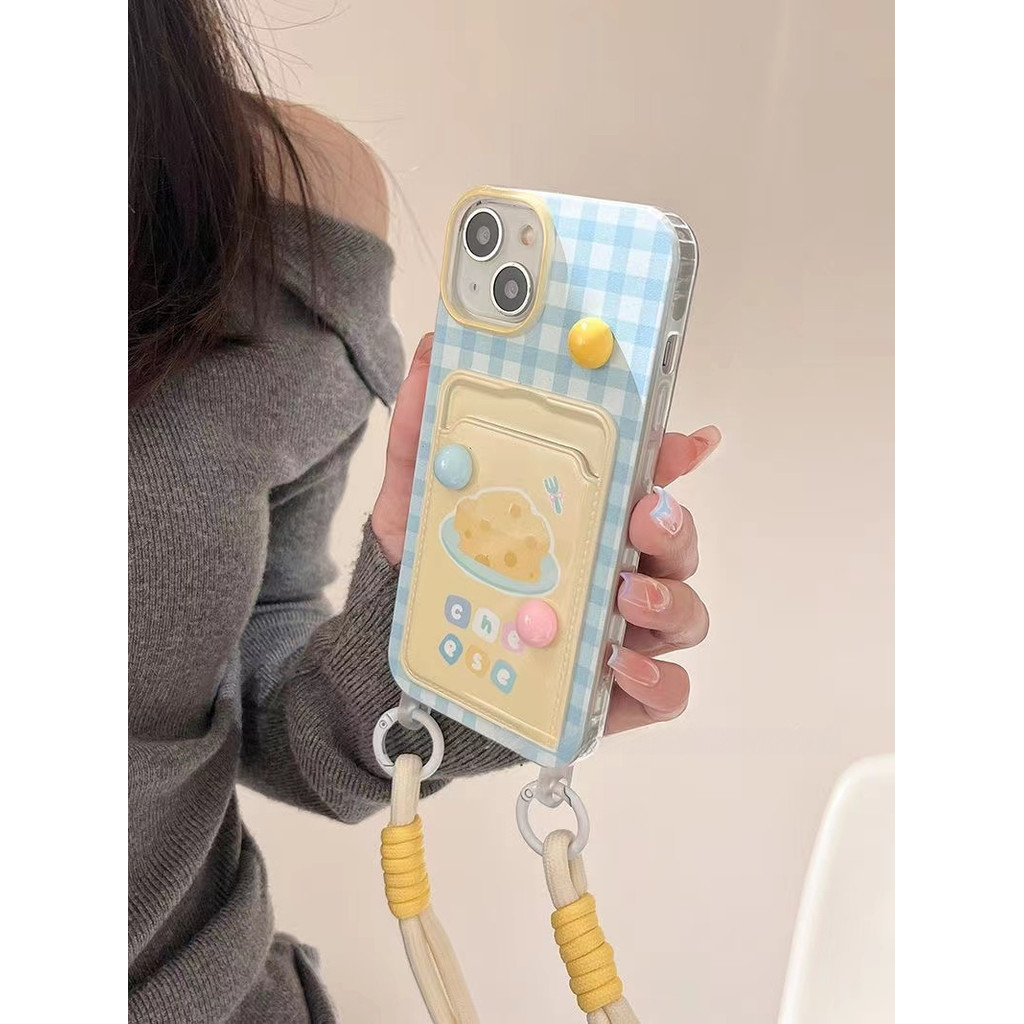 3D วางสี Polka Dot สีฟ้า checkered Card Pocket เคสโทรศัพท์สำหรับ iPhone 11 12 13 14 15 16 Pro Max PLUS ปลอก TPU Soft พร้อมเชือกแขวนสำหรับ iPhone15Promax Case
