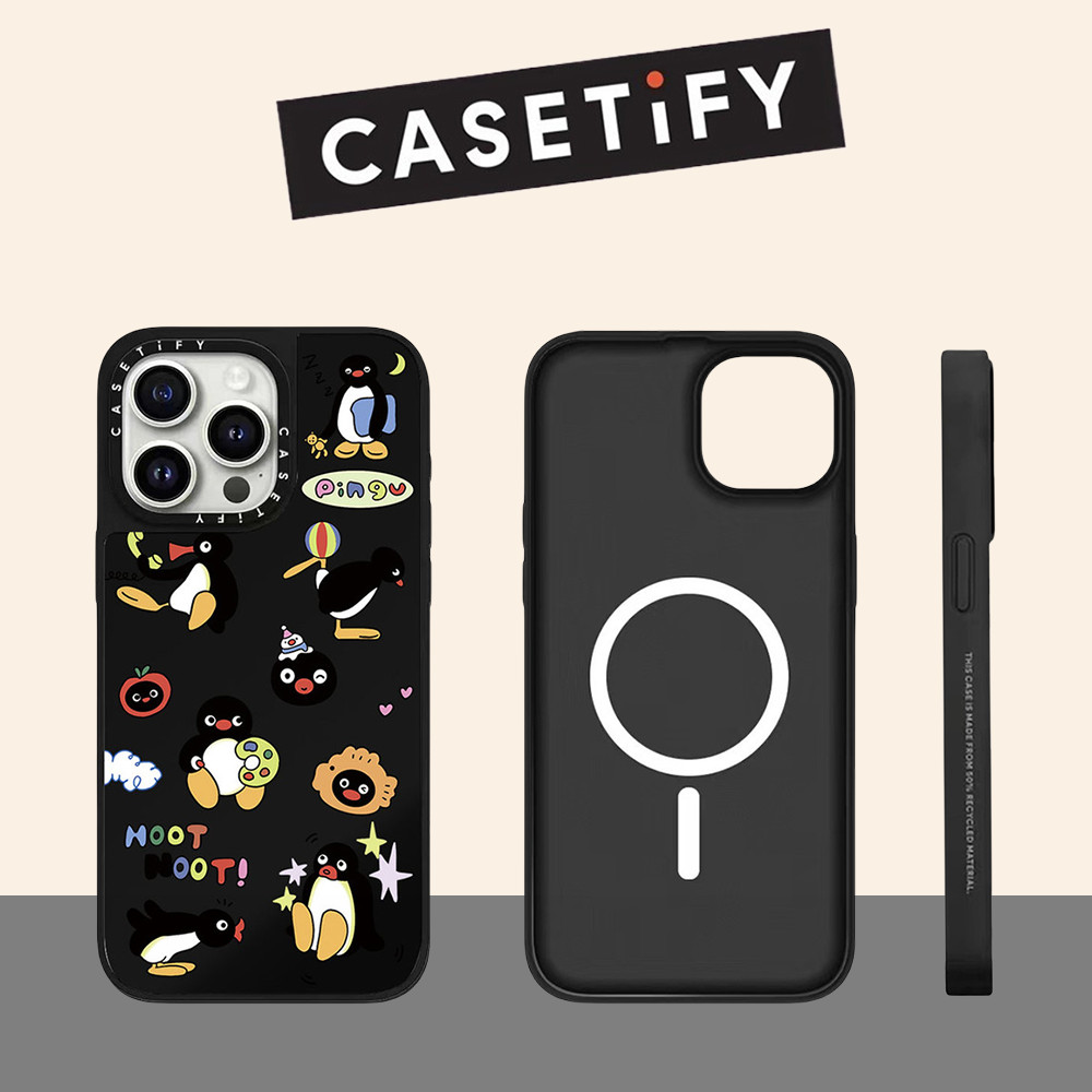 Casetify แม่เหล็กน่ารัก Penguin Mirror Hard เคสโทรศัพท์สําหรับ iPhone 16ProMax 16Pro 16Plus 15ProMax 14 13 12 Pro Max 11 คลุมทั้งหมดกันกระแทกด้านหลังอะคริลิคปลอก