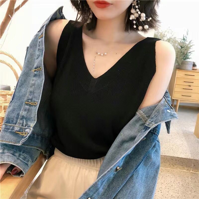 K ถัก Camisole ผู้หญิงสีทึบคอวีแขนกุด Halter Bottoming เสื้อ