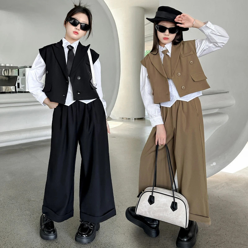 เสื้อผ้าเด็กผู้หญิงเสื้อแจ็คเก็ตฤดูใบไม้ร่วง+เสื้อแขนยาว+กางเกงขากว้างชุดสูทสามชิ้น 5-15 ปี