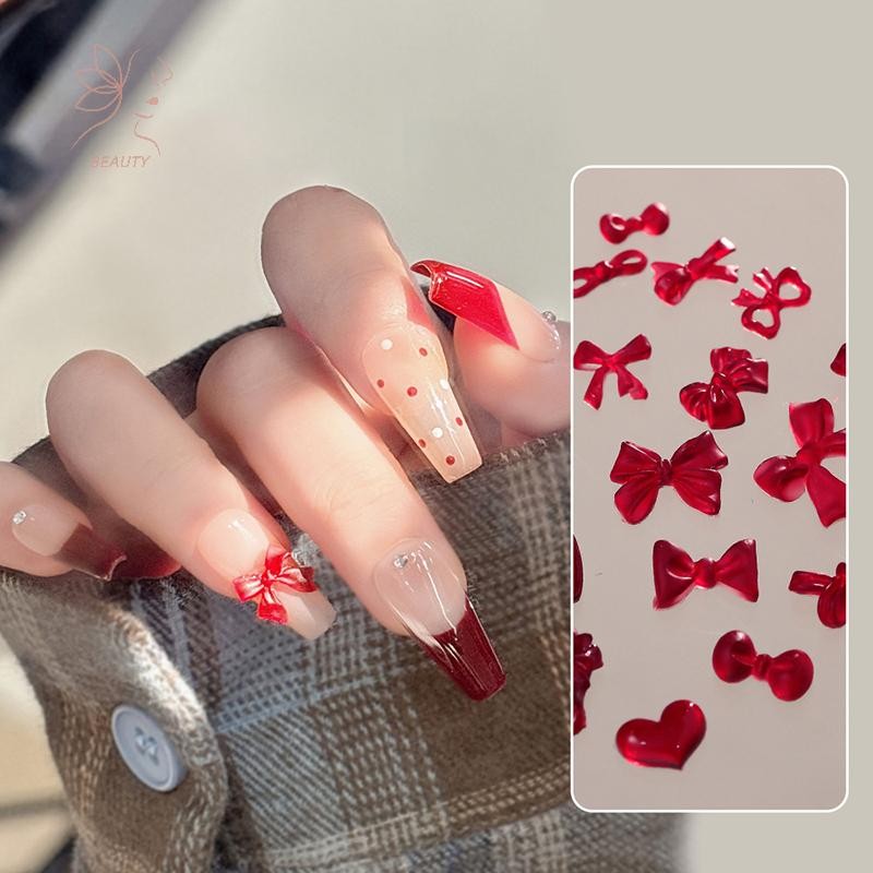 [maybeauty] 50 ชิ้นสไตล์ฝรั่งเศส Bows อุปกรณ์เล็บขนาดผสม 3D ไวน์แดง Bowknot Nail Ch ฤดูหนาวตกแต่งเล็บน่ารักอะไหล่ {TH}
