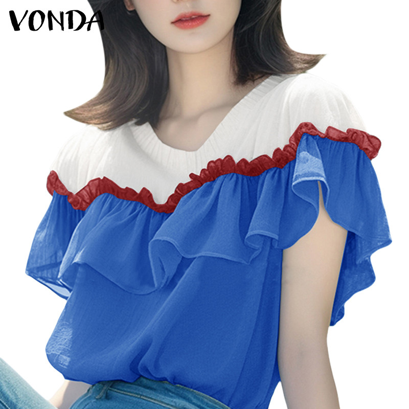 Vonda ผู้หญิงเกาหลีลําลองเร้าใจคอวีแขนสั้นเสื้อหลวม