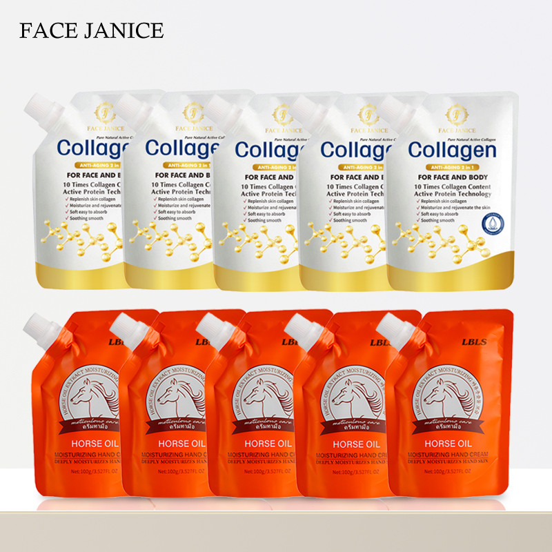 【ซื้อ 5 แถม 5】โลชั่นบำรุงผิวหน้าและผิวกาย 2-in-1 Collagen 120ml + LBLS ครีมทามือน้ำมันม้า 100g