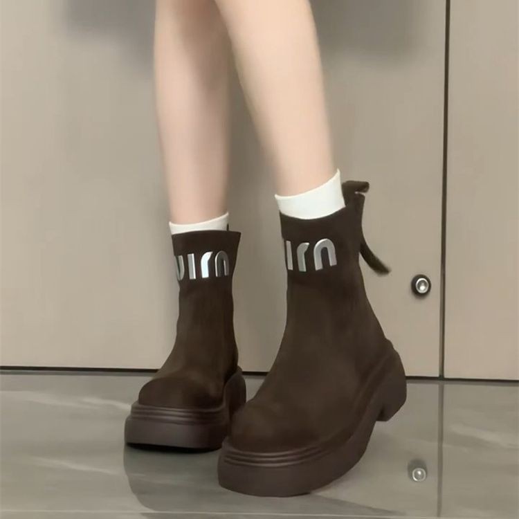 รองเท้าบูทมาร์ติน Mi Mid-Tube Boots รองเท้าส้นสูงฤดูหนาว Casual Round Toe ฤดูใบไม้ร่วงฤดูหนาว