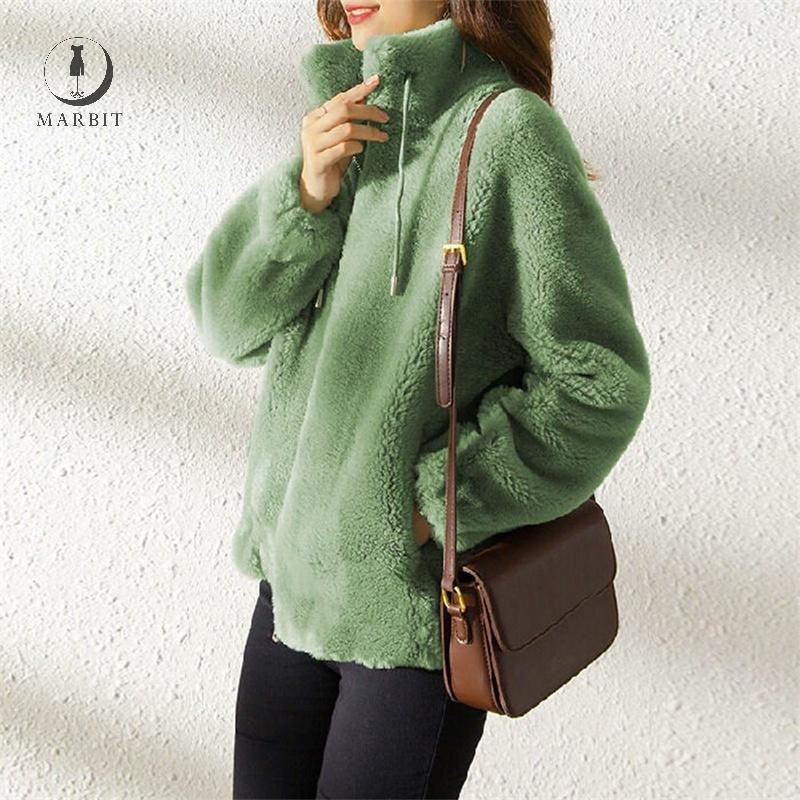 Marbit ฤดูใบไม้ร่วงฤดูหนาวแฟชั่นผู้หญิงสีทึบแขนยาว Warm Plush Coat ZHN