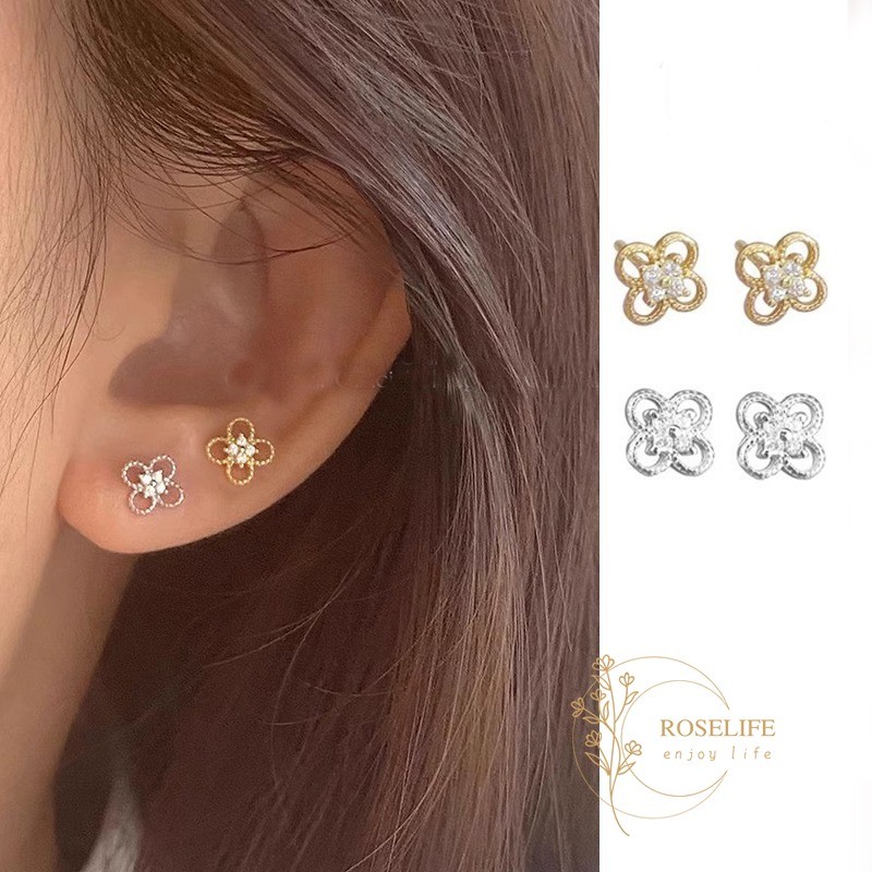 Roselife S925 เงินคริสตัล Lucky Clover ต่างหูสตั๊ดสําหรับผู้หญิงสาว Hypoallergenic Lucky หูเครื่องประดับ