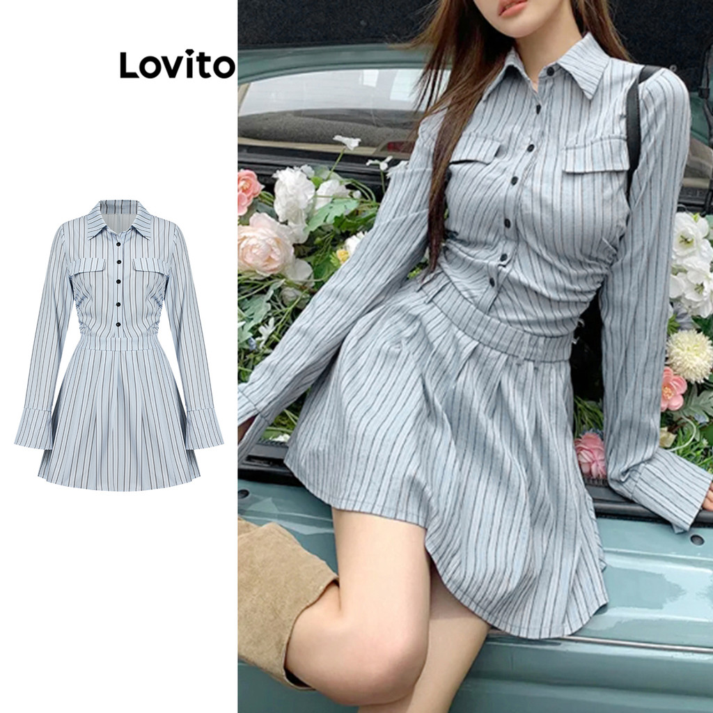 Lovito ชุดเดรสจีบกระดุมลายทางลำลองสำหรับผู้หญิง L106AD300