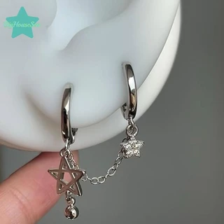 [BigHouseSea] 1pcs เงินสี Star Chain Double Ear Hole หูกระดูกเล็บ Y2K แฟชั่น Hottie ต่างหูผู้หญิงเครื่องประดับใหม่