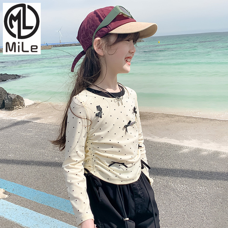 [ML] 100-150 ซม.ต้นฤดูใบไม้ร่วงสาวเสื้อยืดสไตล์ใหม่แฟชั่นเด็กฤดูใบไม้ผลิฤดูใบไม้ร่วงสไตล์แขนยาวสาวน้อยฤดูใบไม้ร่วงลายจุด Bottoming เสื้ออินเทรนด์