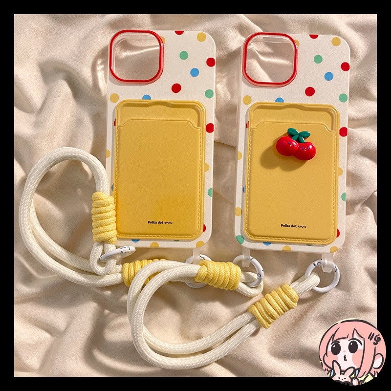 เคสเชอร์รี่น่ารัก เข้ากันได้กับ เคสไอโฟน 11 15 13 16 12 14 XR Pro Max X XS Max 7 8 16 Plus SE เชือกกระเป๋าสตางค์บัตรเคส