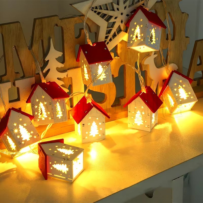 1.5m Christmas Wooden House Light Strings - Theme Party Home Decor - เทศกาลตกแต่ง LED บรรยากาศโคมไฟ - แบตเตอรี่ขับเคลื่อนแขวนตกแต่ง - Xmas โคมไฟตกแต่ง String