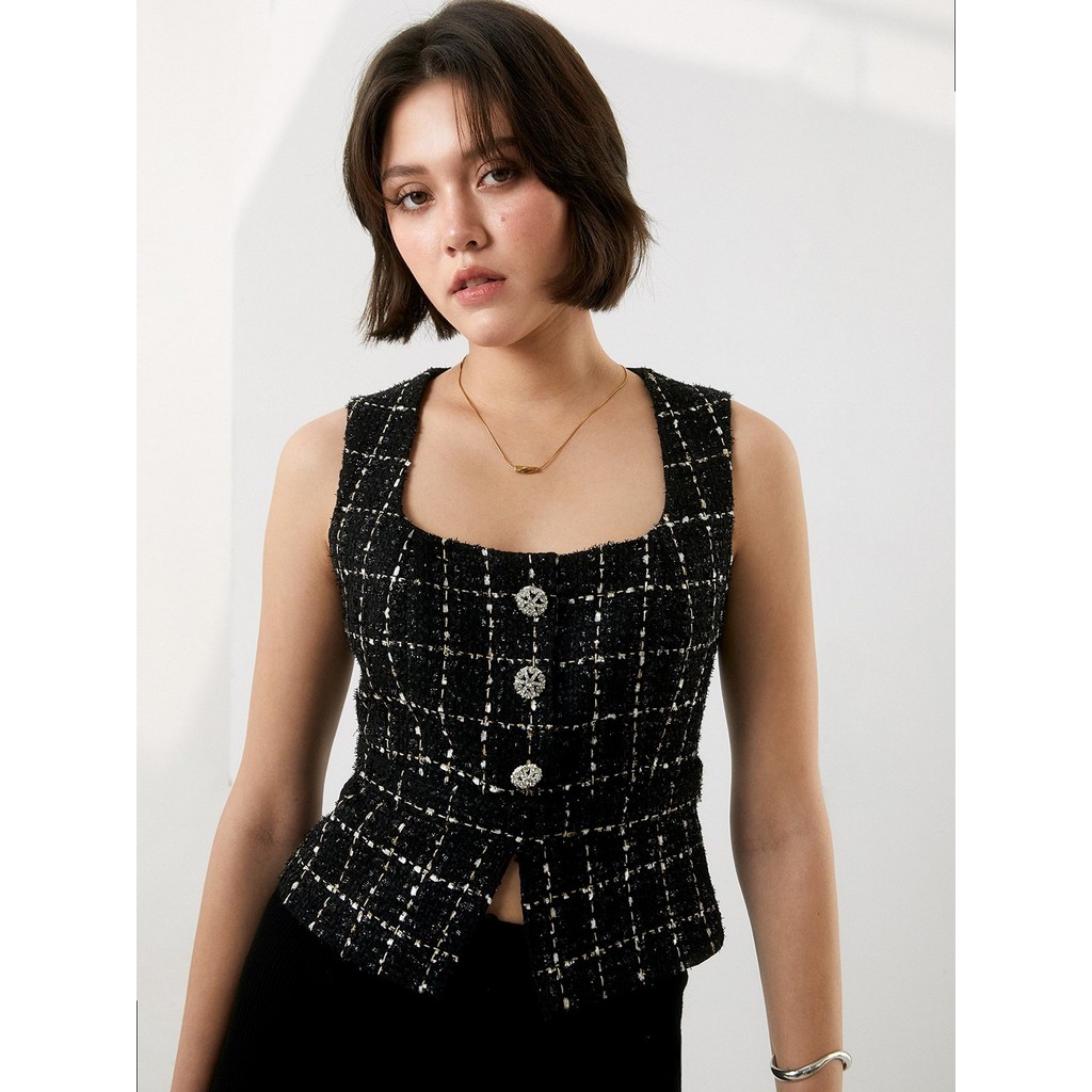 [Pomelo] เสื้อกั๊กคอเหลี่ยมผ้าทวีด / Tweed Square Neck Vest