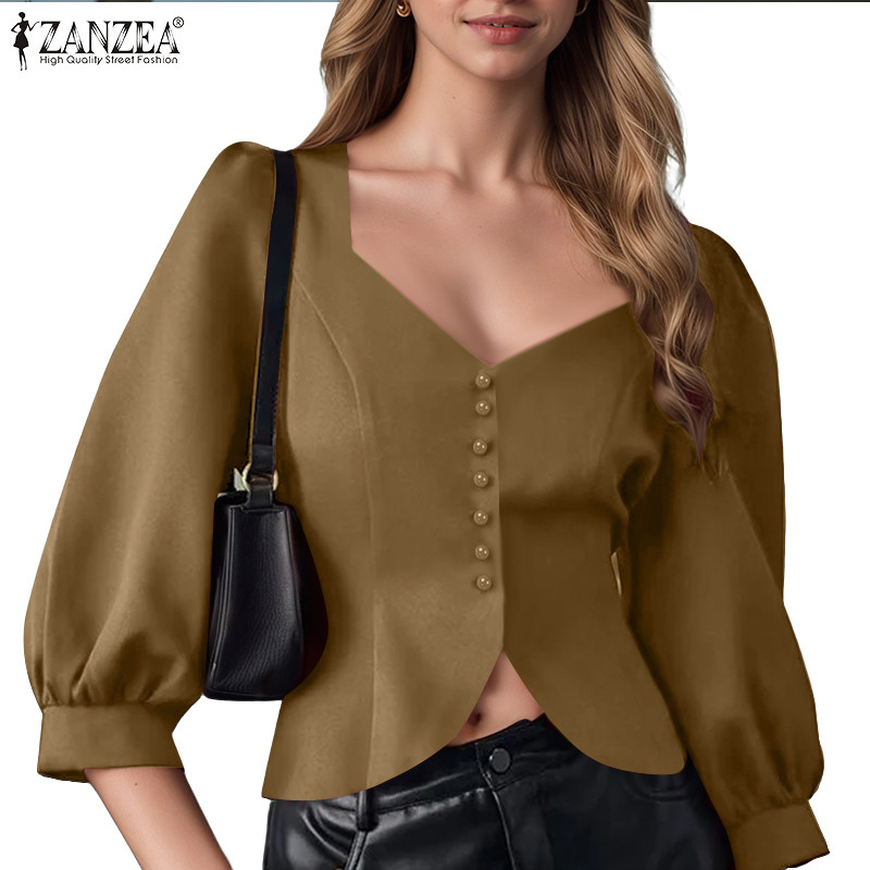 ZANZEA ซานเซีย เสื้อเอวลอยแขน3/4 แบบแขนหัวใจสำหรับผู้หญิง