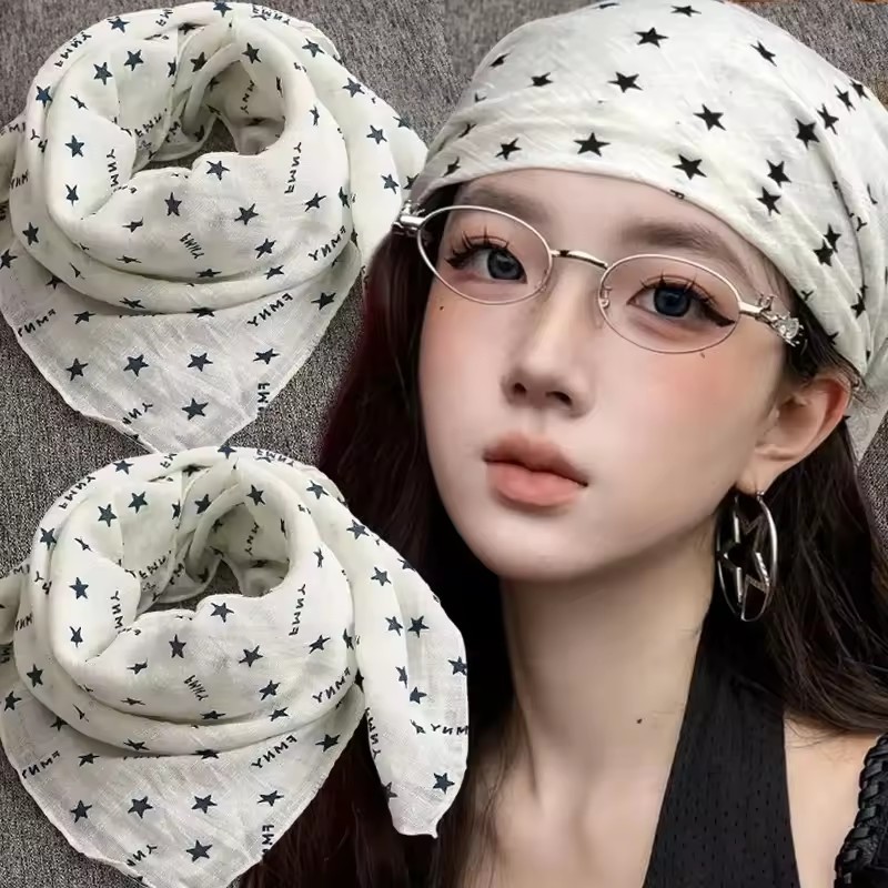 ผ้าโพกศีรษะสีขาวสไตล์เกาหลี - สตาร์พิมพ์ลายสำหรับผู้หญิง เหมาะกับการเต้นรำและแฟชั่น Y2K Millennium Punk Street