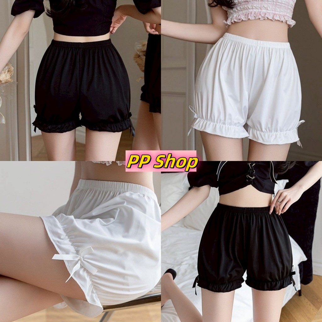 💜PP SHOP💜พร้อมส่ง กางเกงขาสั้น เอวสม๊อคสีพื้น ทรงพองเกาหลี ใส่สบาย กางเกงสายฝอ กางเกงผู้หญิง กางเกงล