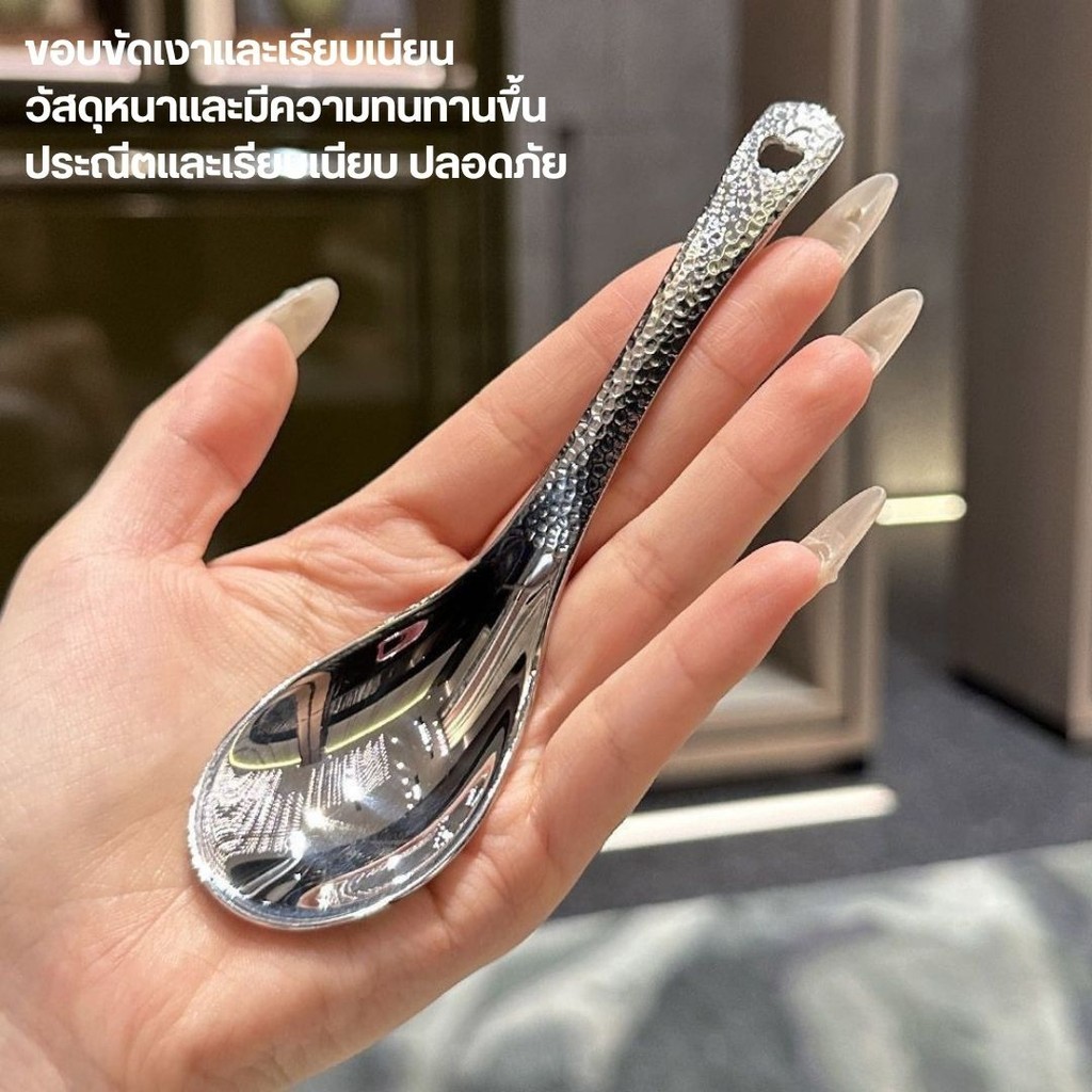 ช้อนซุปสแตนเลสก้นกลม ช้อนข้าวด้ามยาว ที่ตักเสิร์ฟขัดเงา ช้อนซุปอาหารค่ํา ด้ามยาวสีเงิน ช้อนสแตนเลส