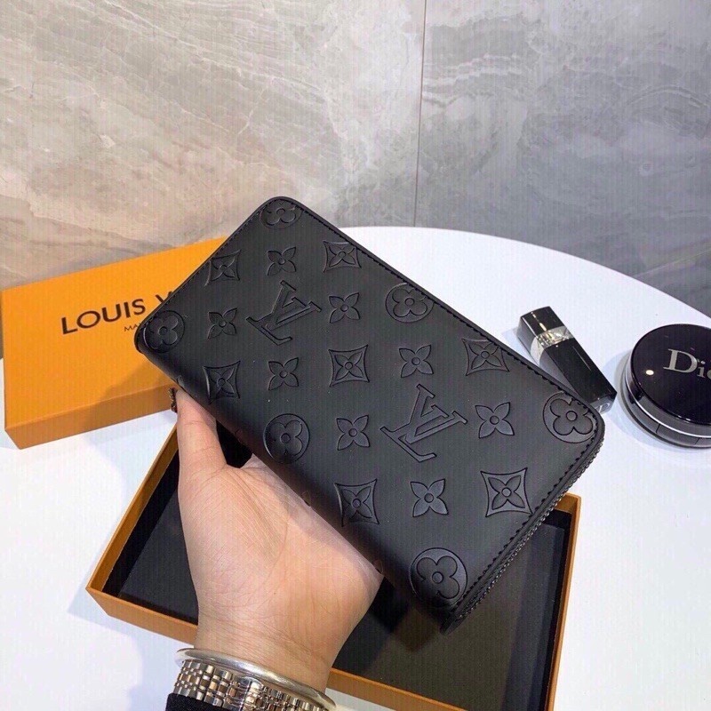 Vintage นูน Monogram รูปแบบ Unisex คู่หนังสีดํากระเป๋าสตางค์ซิปยาว + ฟรีกล่อง (El105-60) 68Fa