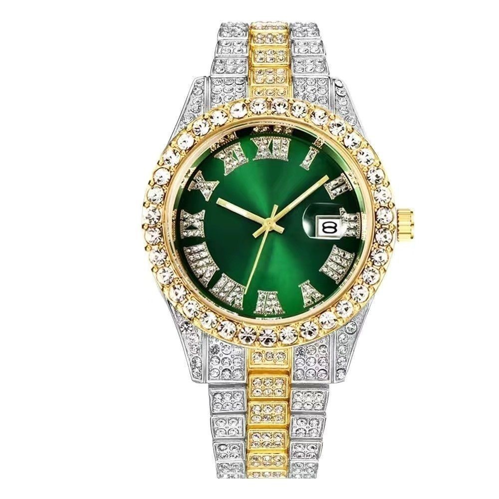 ✨2025✨ Jam tangan lelaki นาฬิกาผู้ชายระดับไฮเอนด์สไตล์เพชรหรูหราพร้อมเพชรตัวเลขโรมันปฏิทินเรือดําน้ํ
