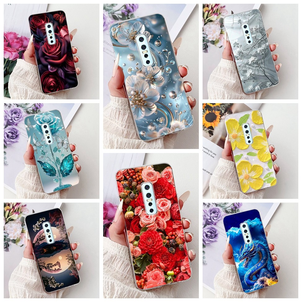 สําหรับ Vivo V17 Pro กรณี 1910 Clear ความงามแมวน่ารักแฟชั่นดอกไม้ทาสีปกหลังสําหรับ Vivo V17 Pro เคสโทรศัพท์ 1909