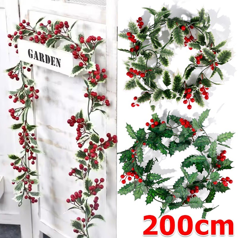 2M ใบฮอลลี่หวายสีแดงเบอร์รี่คริสต์มาส / พวงมาลัยต้นคริสต์มาส DIY ตกแต่งบ้าน