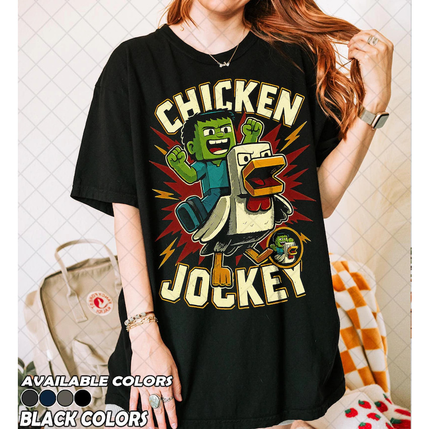 🧩 พร้อมส่ง👕 Retro 90er Jahre Comfort สี Huhn Jockey เสื้อยืด, ฟิล์ม Minecraft Lustiges Meme พัดลม Bo