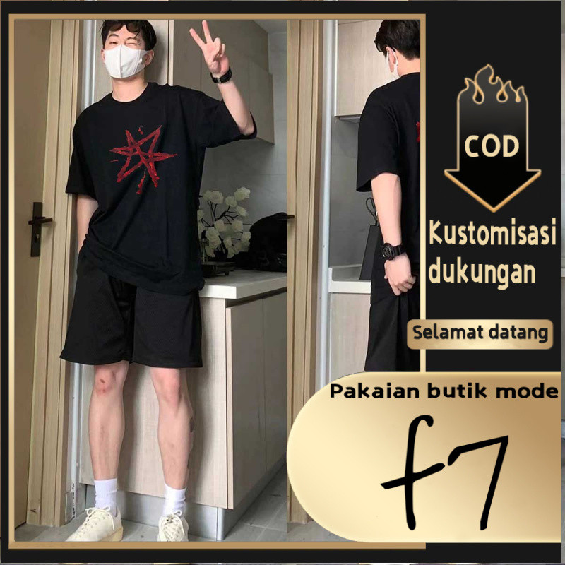 F7 เสื้อยืด Tops เสื้อยืดขนาดใหญ่สําหรับชายสีดําแขนสั้น Cool Premium Street สไตล์ผู้ใหญ่ Distro รอบค