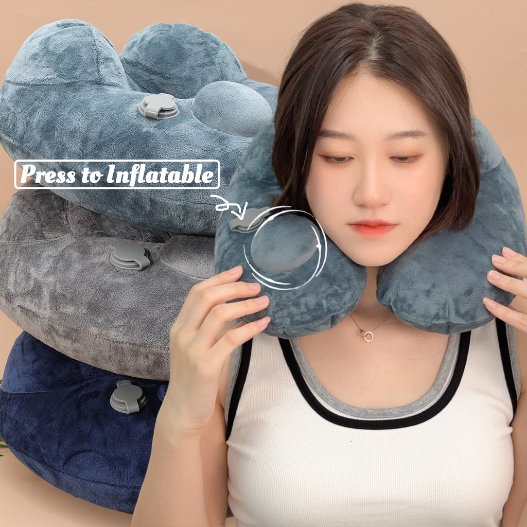 หมอนรองคอน้ําหนักเบาแบบพกพาแบบไม่ระบายอากาศทันที - หมอนลมรูปตัวยูสําหรับเดินทางสบาย - วัสดุผ้า พีวีซี นุ่ม + พับได้