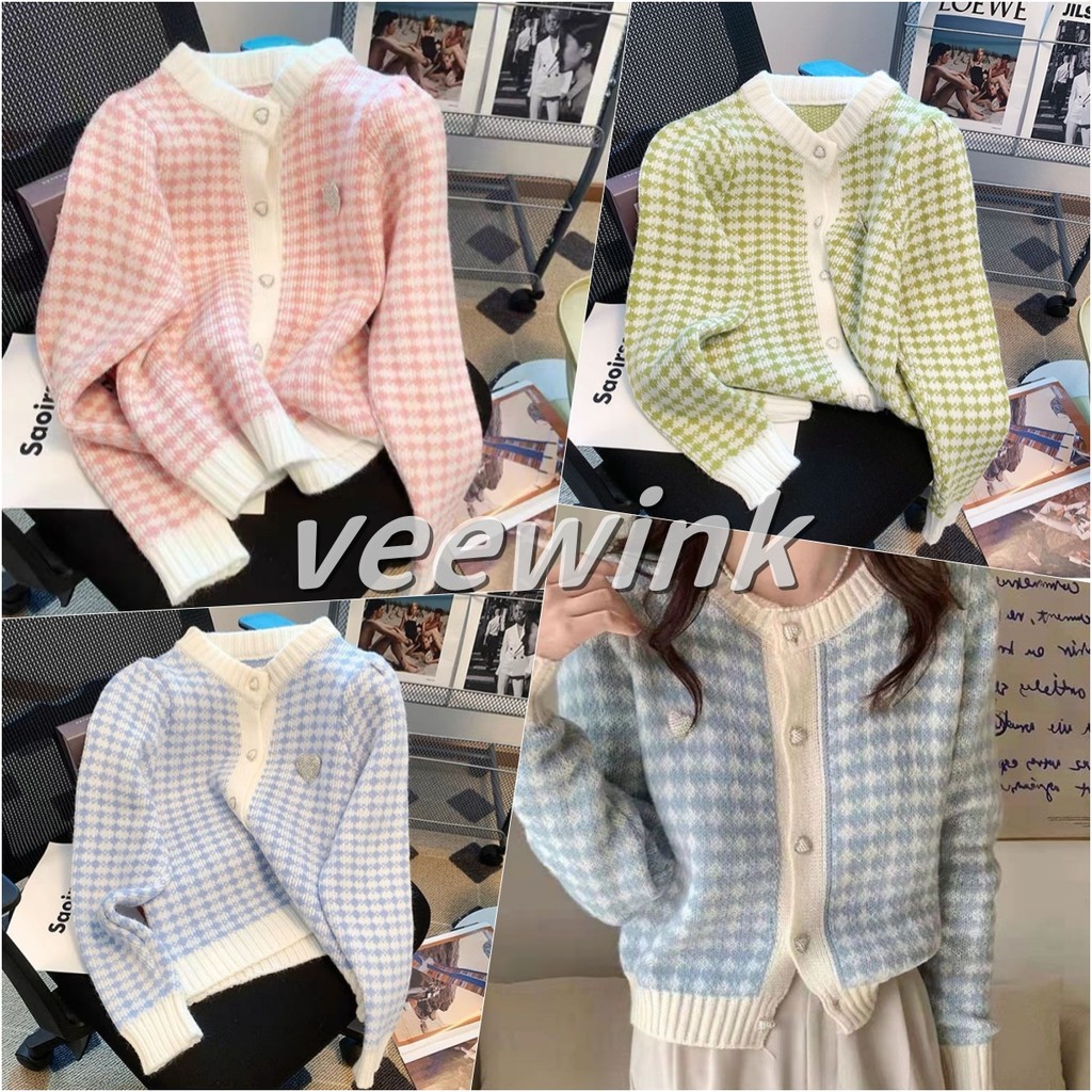 Veewink เสื้อสเวตเตอร์สไตล์ชาแนล ลายตารางนกกระทา เนื้อนุ่ม ใส่สบาย ทรงหลวมๆ สำหรับสาวน่ารัก