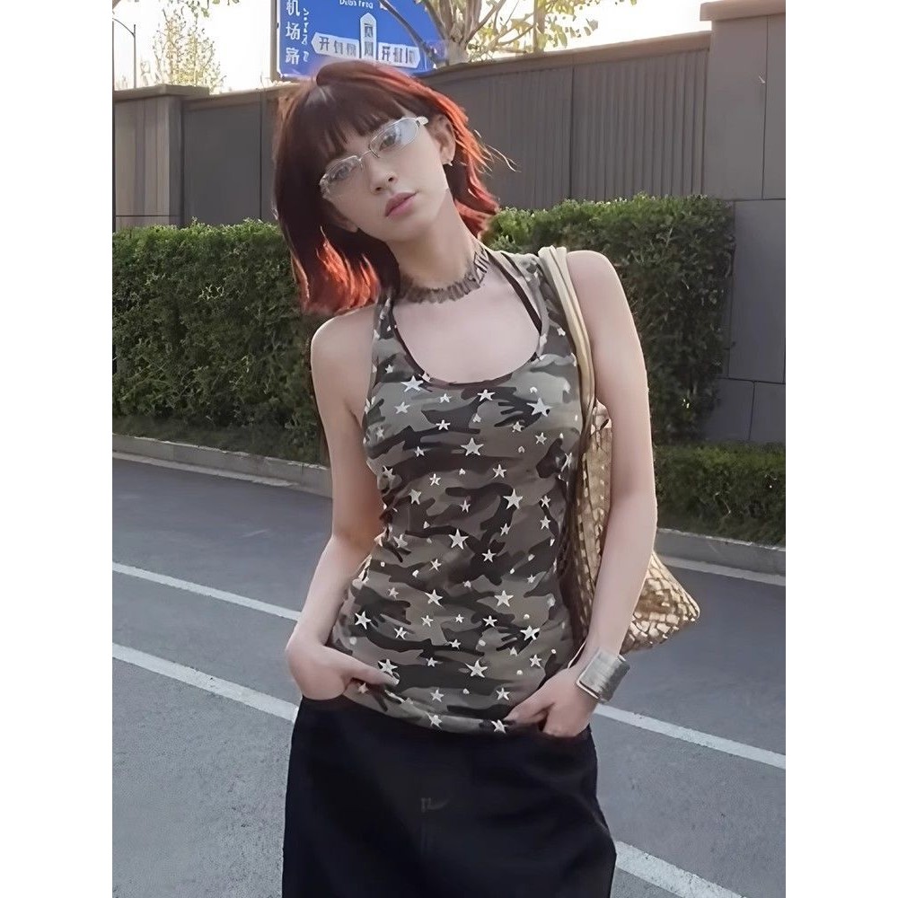 260g ผ้าฝ้ายมนุษย์ Modal Camouflage Star พิมพ์เสื้อแขนกุดผู้หญิง Slim-fit Camisole ต้องมีหมายเหตุ V6