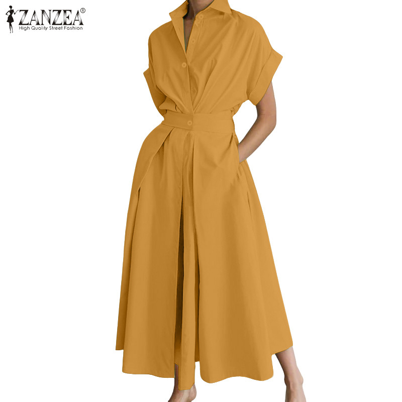 ZANZEA ชุดแซนเดีย แฟชั่นเกาหลีสำหรับผู้หญิง แขนสั้น ยืดหยุ่น มีกระพรวนที่จีบที่เอว