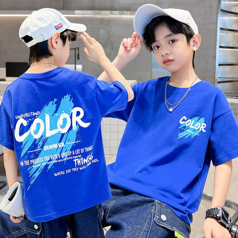 เสื้อยืดเด็ก เสื้อเชิ้ตแขนสั้นเด็กผู้ชาย เสื้อเด็กผู้ชาย คอกลม ฤดูร้อน เทรนด์ หล่อ ผ้าฝ้าย สีน้ำเงิน สีดำ 6-12 ปี【จัดส่งจากประเทศไทย】