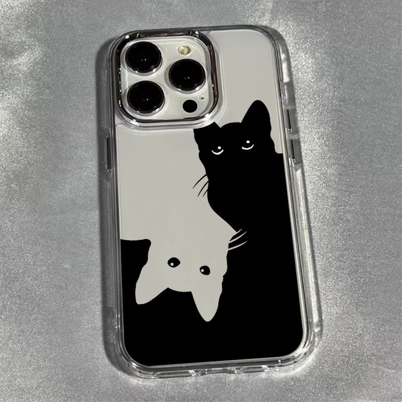 สีดําและสีขาวแมวกรอบโลหะเคสโทรศัพท์สําหรับOppo Realme GT3 13PROPLUS C20 14 C65 C2 9PRO 14PRO C35 7I 