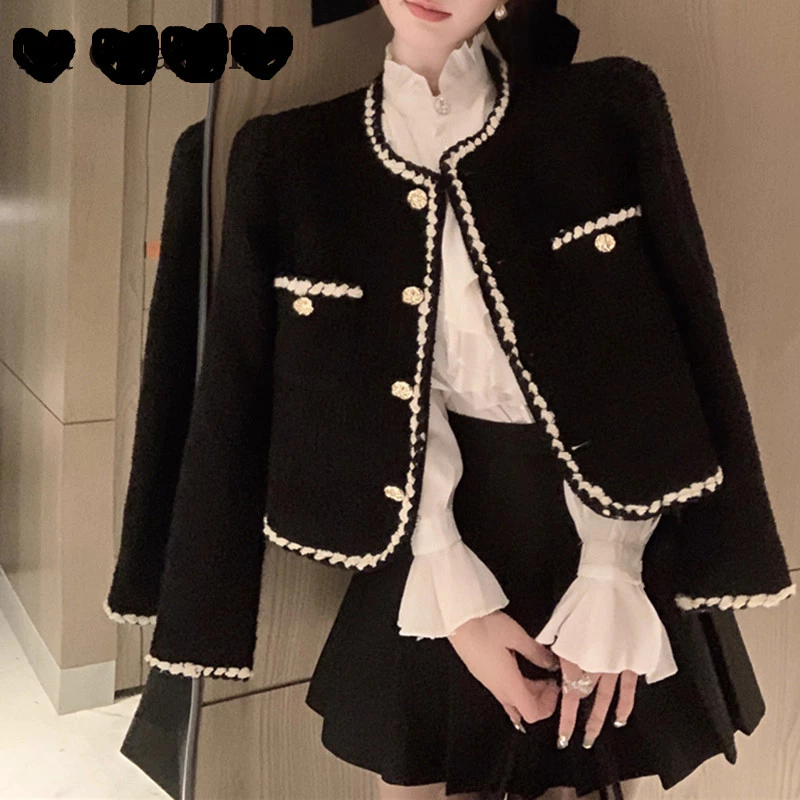 เสื้อคลุม ผ้าแจ็กการ์ด เสื้อแขนยาว สีดํา ผู้หญิง แจ็คเก็ต มีกระเป๋า คาร์ดิแกน กระดุม ด้านหน้า XXL